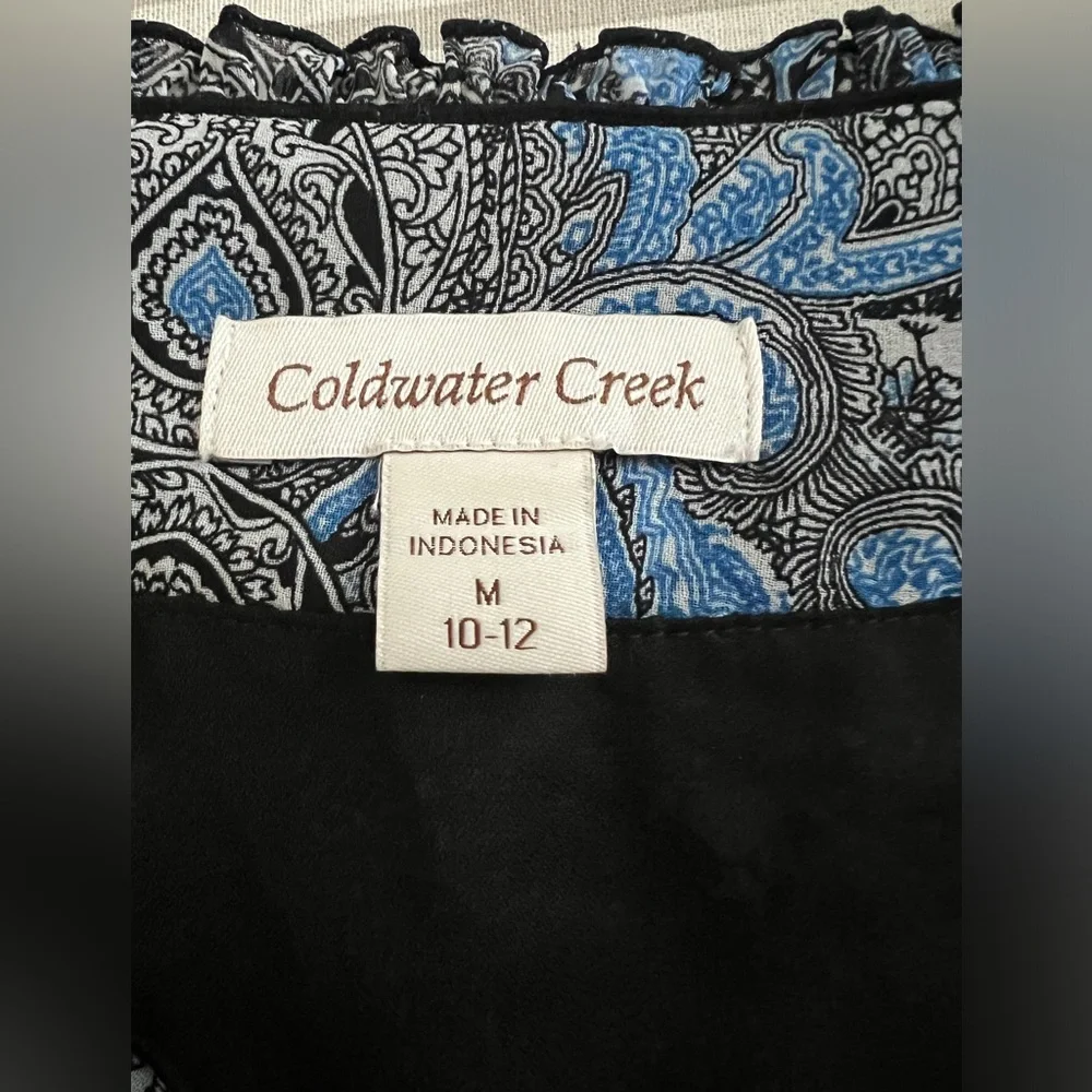 COLDWATER CREEK Blue Black & White Semi Sheer Chiffon Paisley Blouse Medium - Picture 7 of 8